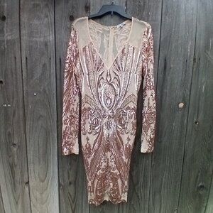 FASHION NOVA MISS FORTUNE SEQUIN DRESS SZ M NUDE ZIP SEE THROUGH MESH V-NECK